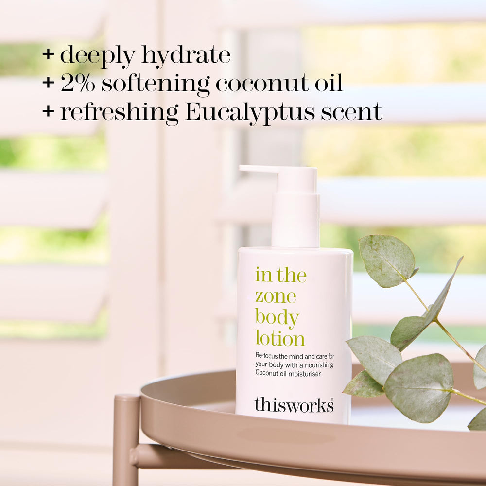 THISWORKS In The Zone closeup label highlights calming Eucalyptus and Petitgrain essentials.