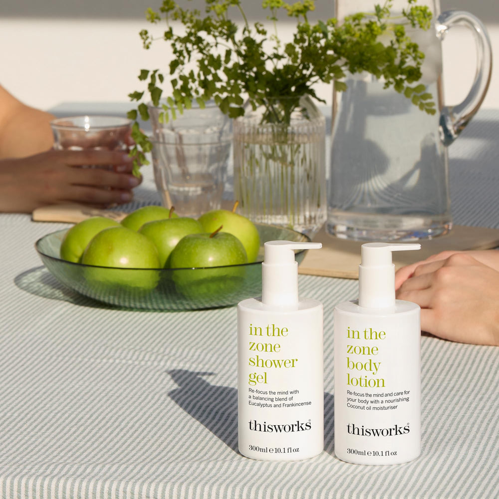 THISWORKS In The Zone pump dispense shows easy, quick absorption for smooth skin.