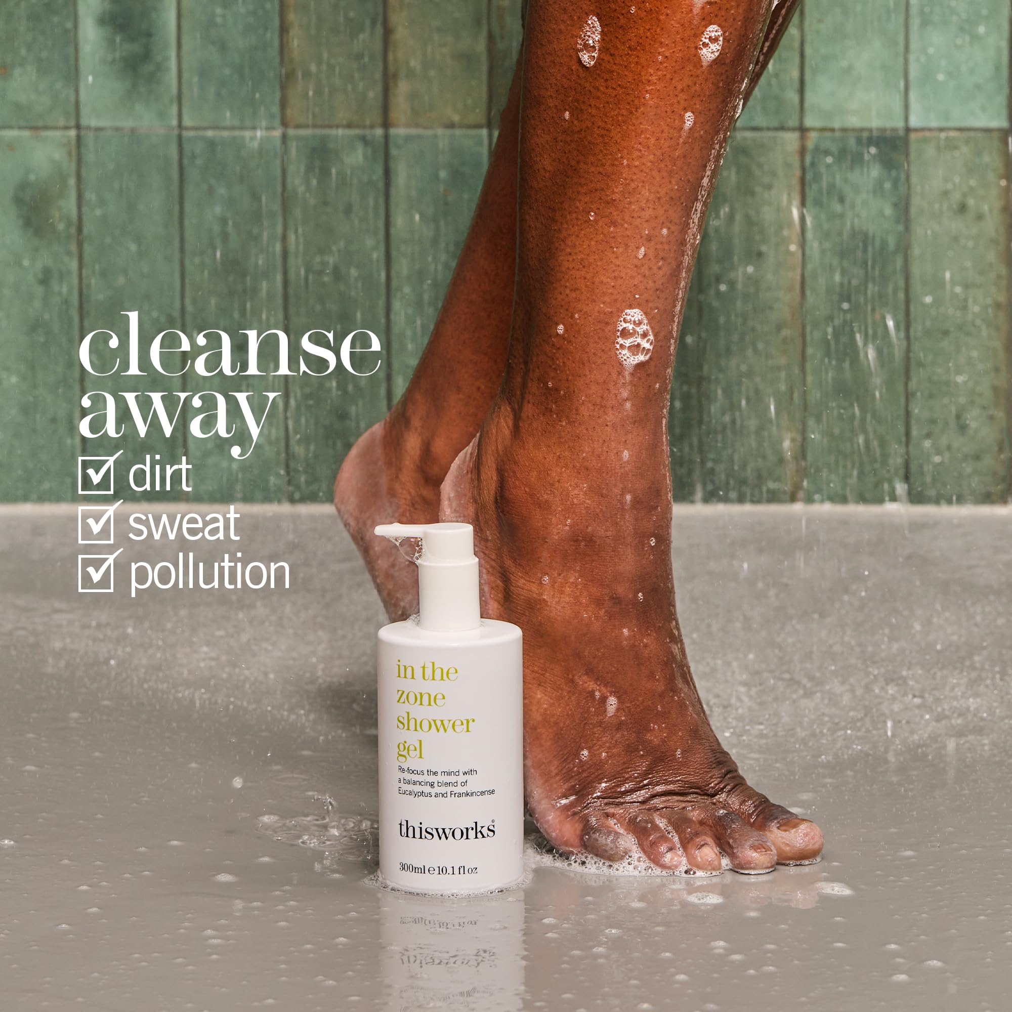 THISWORKS In The Zone Shower Gel being poured for an invigorating start.