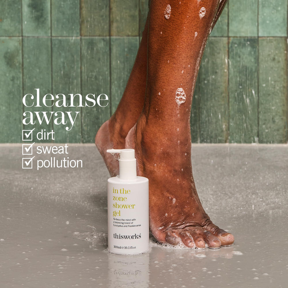 THISWORKS In The Zone Shower Gel being poured for an invigorating start.