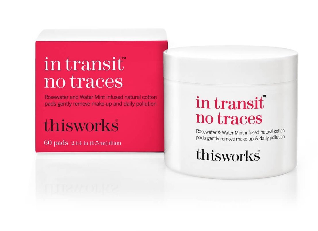 THISWORKS In Transit No Traces rosewater mint pads packshot highlighting eco-friendly cleansing essentials