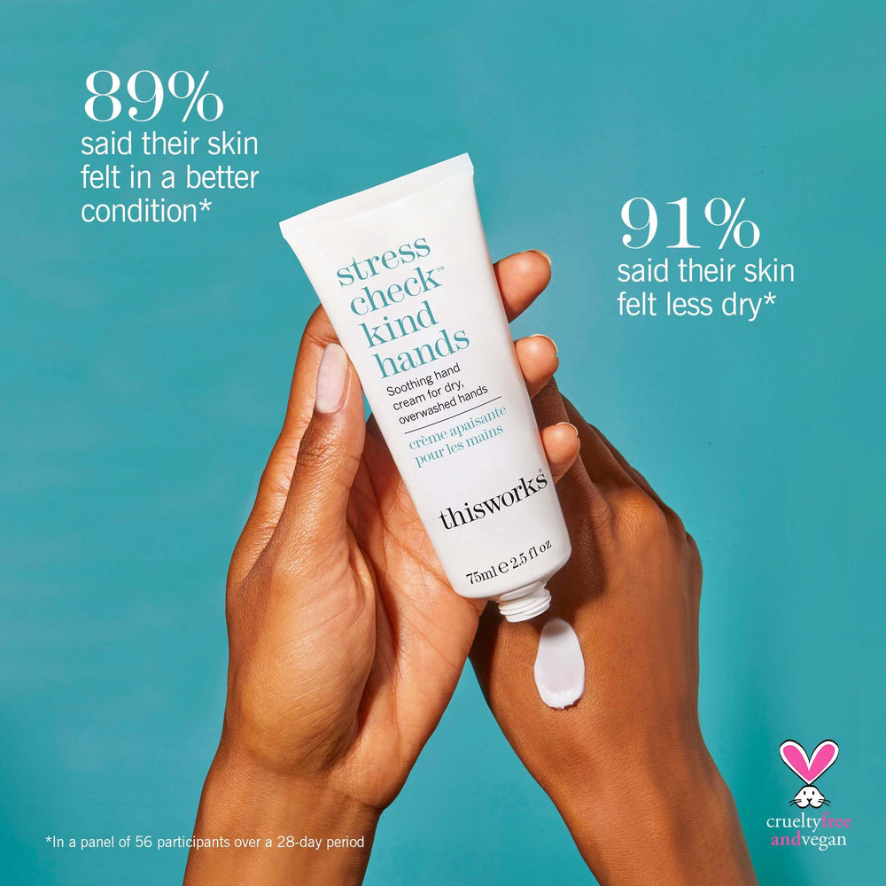 THISWORKS Stress Check Kind Hands cream being applied to soothe dry, sensitive hands