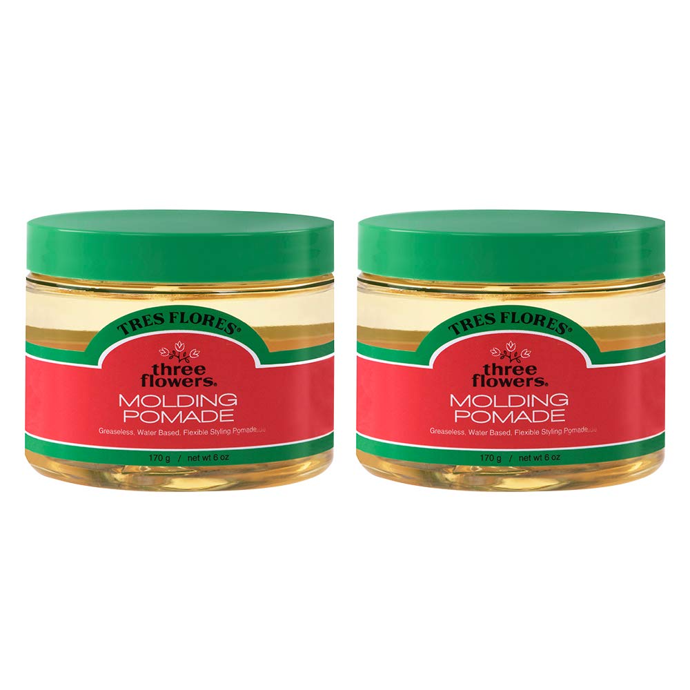 Three Flowers Tres Flores molding pomade jar closeup, versatile hold and brilliant shine.