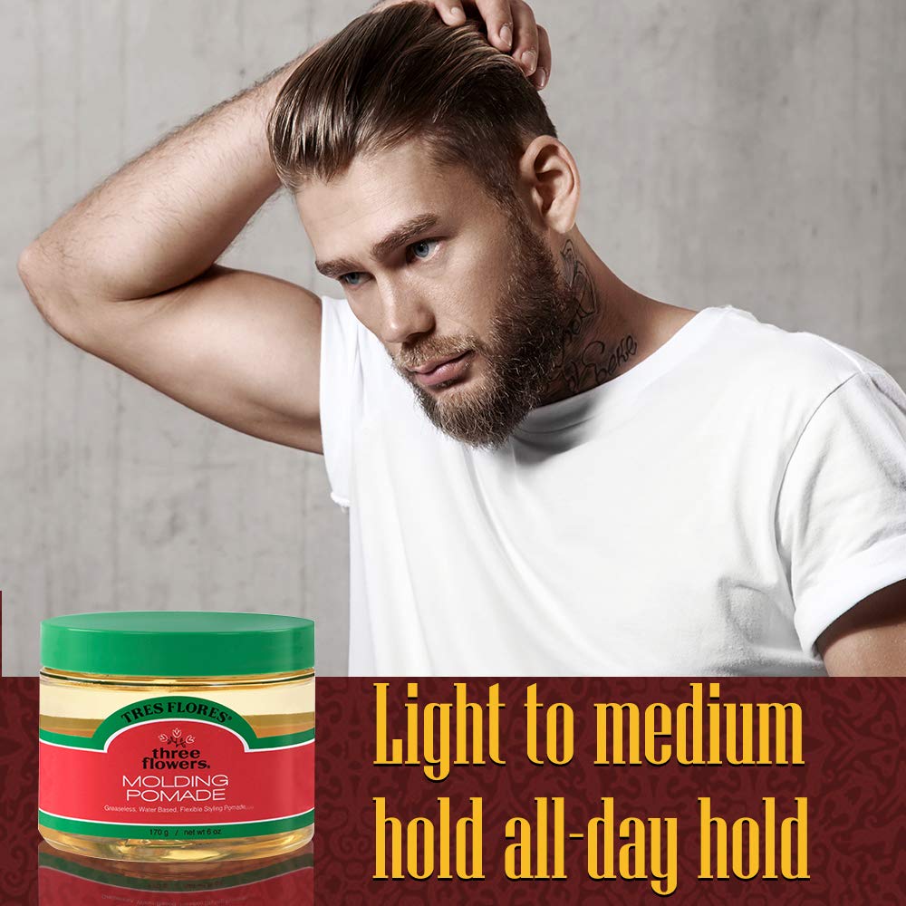 Three Flowers water-based pomade highlights shiny finish without greasiness and easy washout.