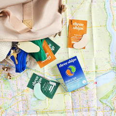 Three Ships biodegradable eye-mask sheets emphasize eco-friendly ingredients and gentle hydration.