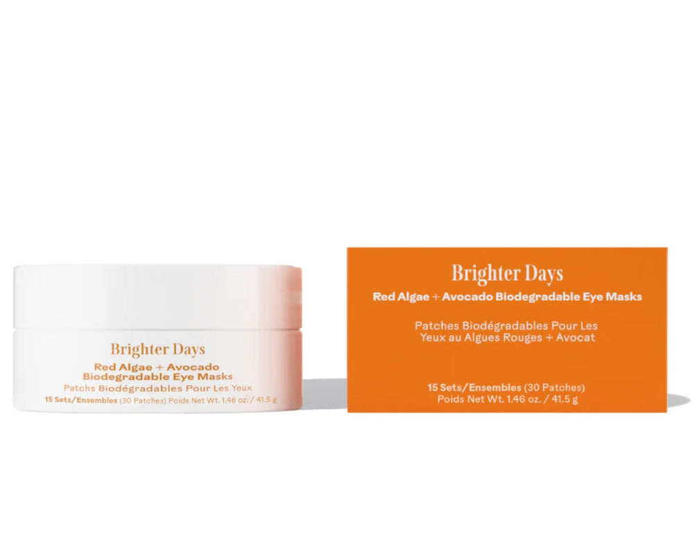 Three Ships Brighter Days eye masks box highlights sustainable, biodegradable packaging for eco-friendly skincare.