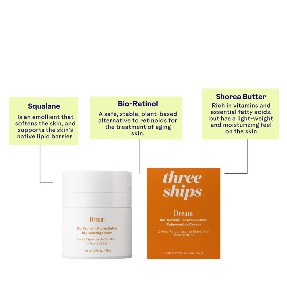 Three Ships Dream Bio-Retinol Cream vegan cruelty-free label signals clean beauty.