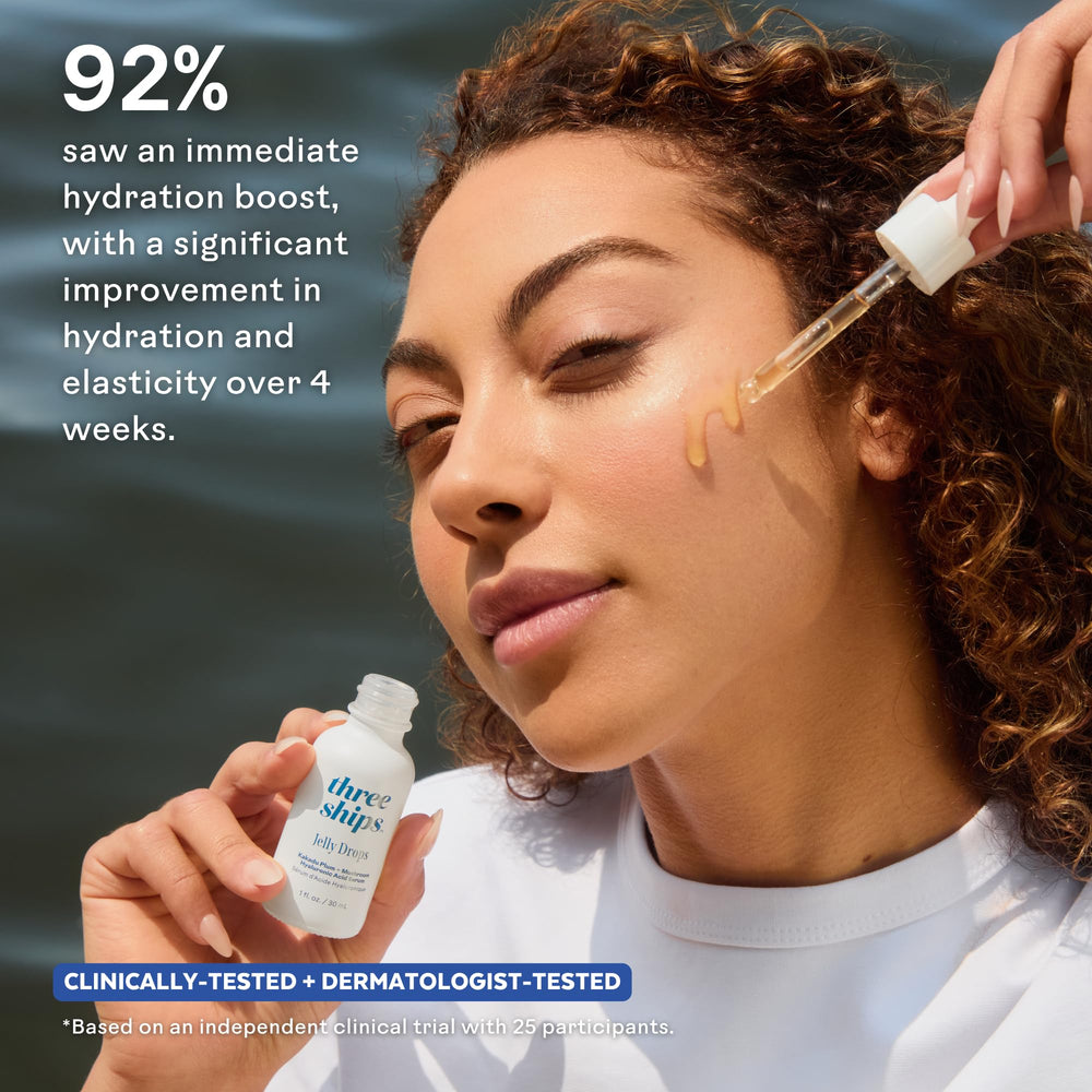 Three Ships Jelly Drops red algae hydration visual suggests water-attracting properties for plump skin