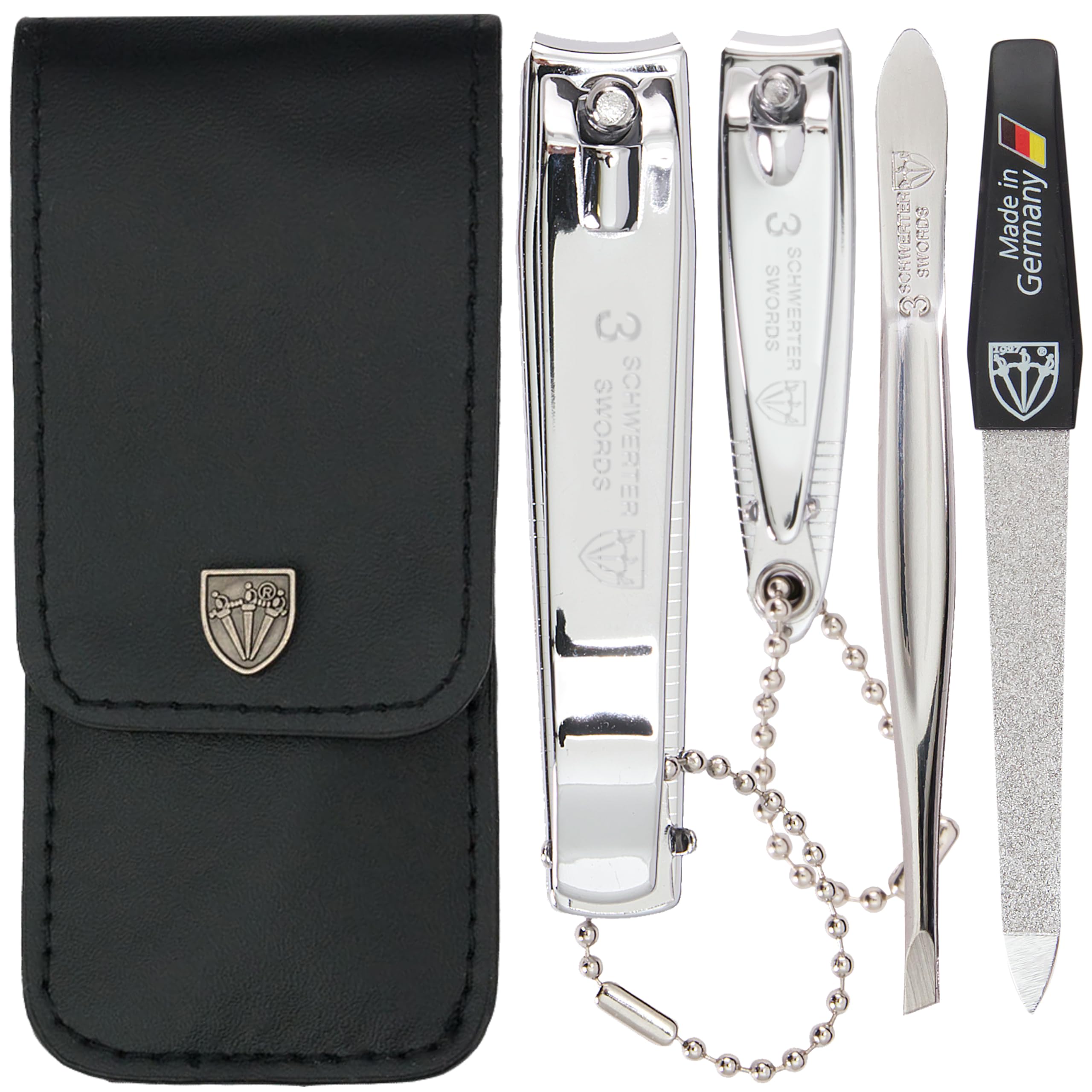Three Swords Germany manicure kit in black leather case for travel grooming.