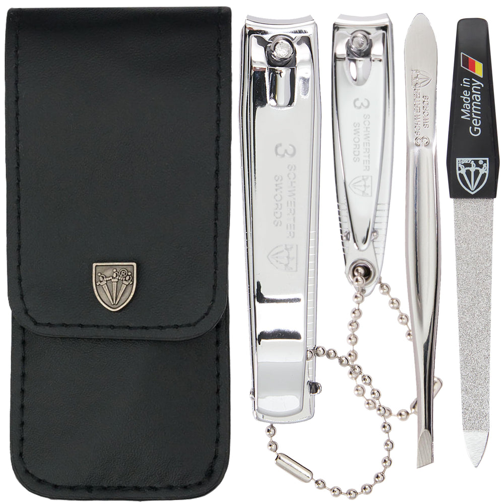 Three Swords Germany manicure kit in black leather case for travel grooming.