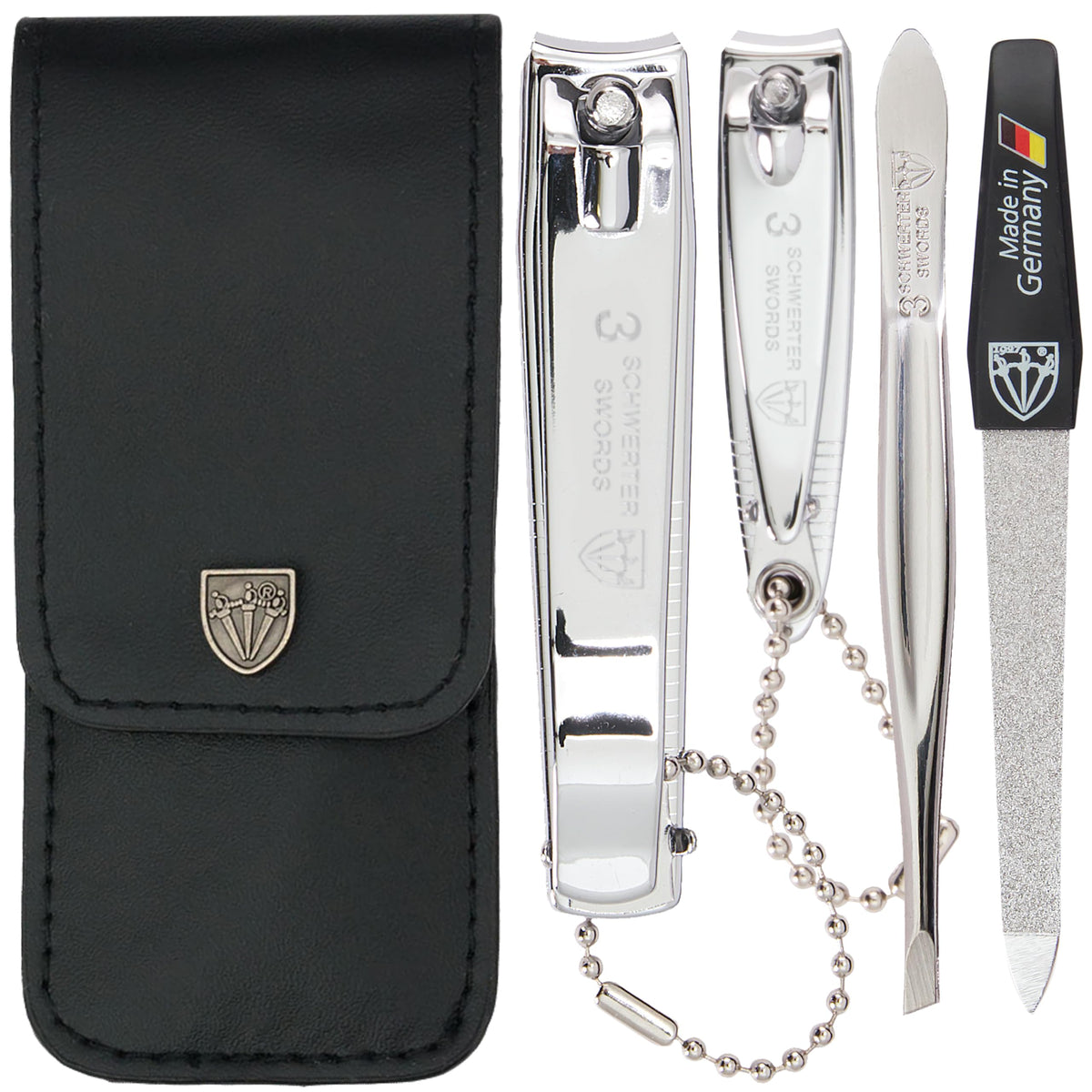 Three Swords Germany manicure kit in black leather case for travel grooming.