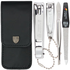 Three Swords Germany manicure kit in black leather case for travel grooming.