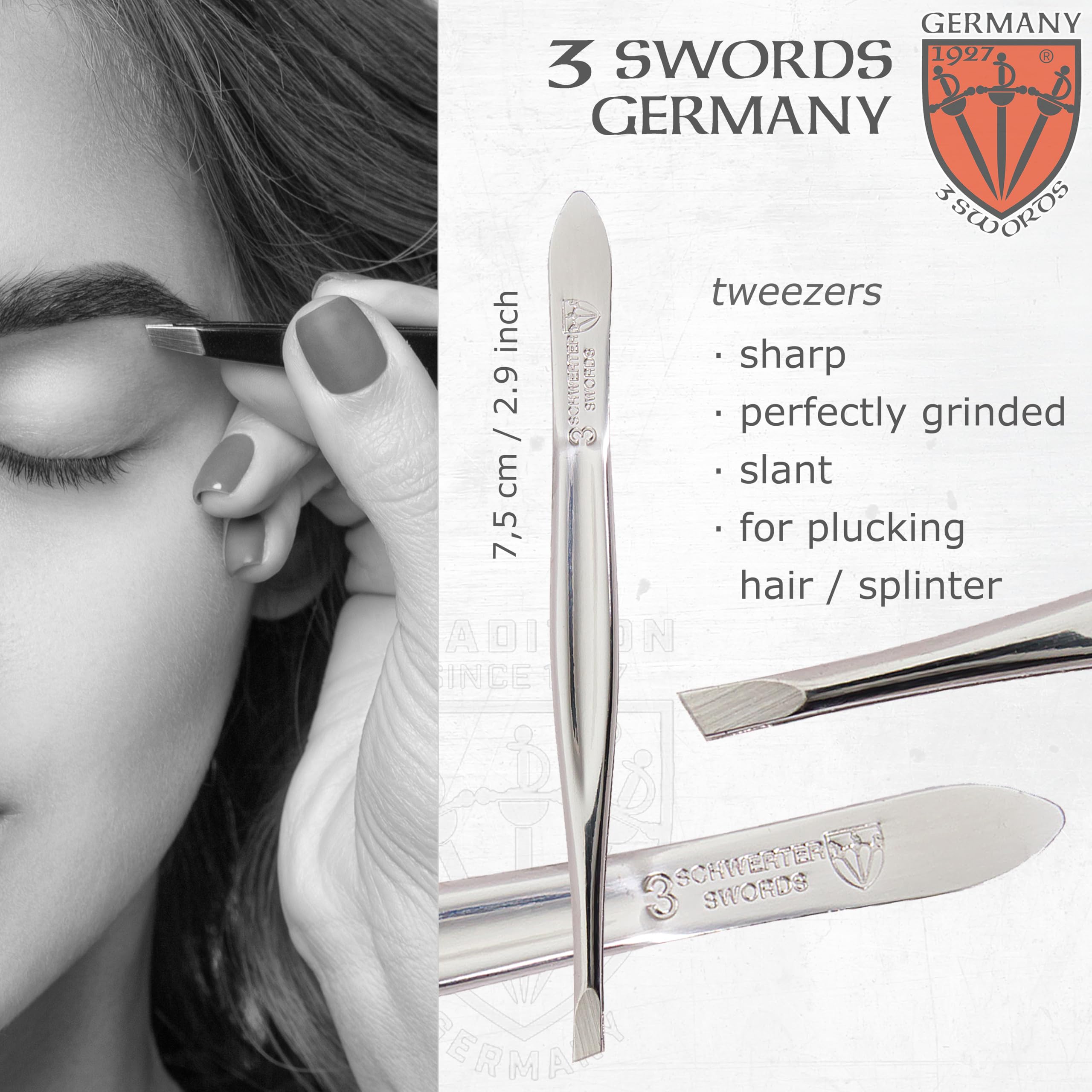 Three Swords Germany nail care kit shown with four precision tools