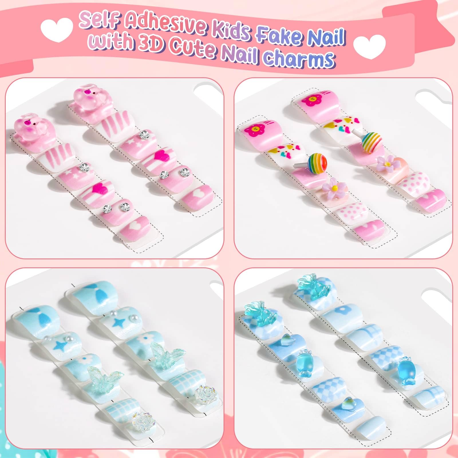 Thrilez kid nail designs showcasing cute patterns and 3D charms