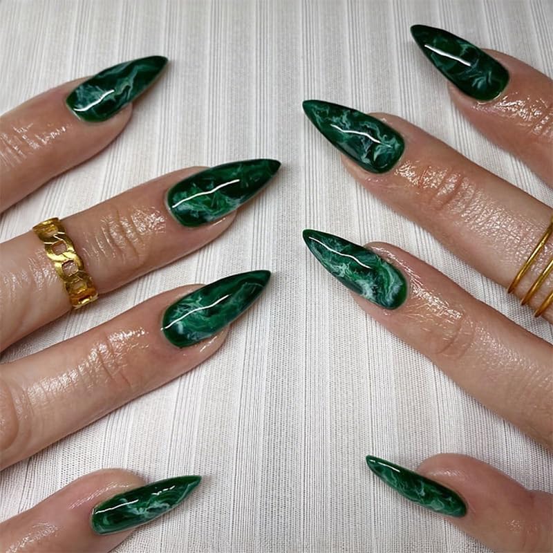 Thuoxde green press-on nails almond medium marble pack ready for an easy at-home manicure.