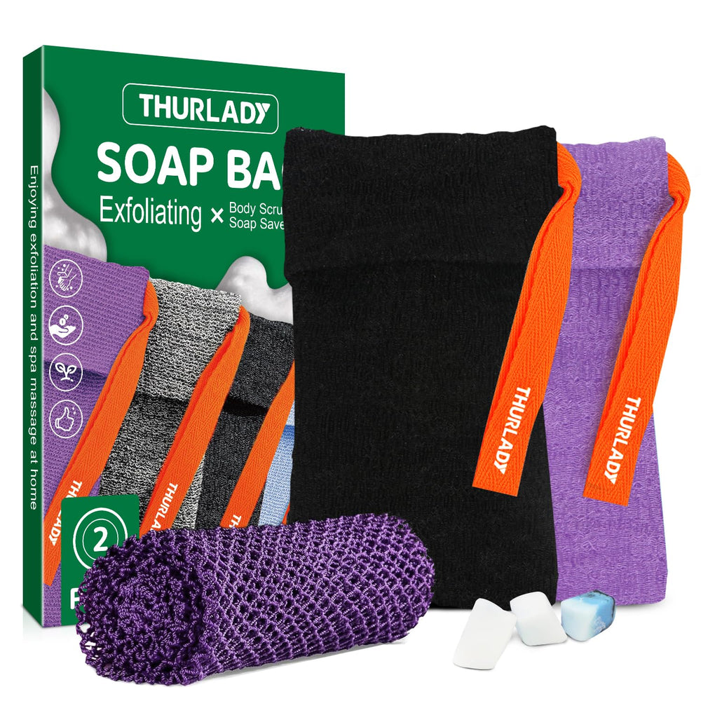 THURLADY exfoliating soap bag black purple 2-pack for deep cleansing