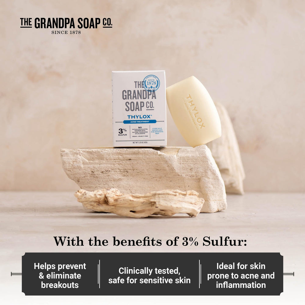 The Thylox bar soap demonstrates a sensitive-skin friendly formula for gentle cleansing.