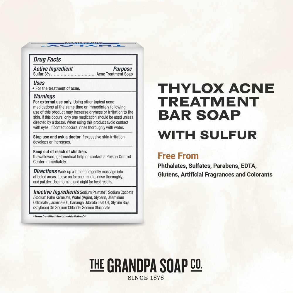 Thylox sulfur bar close-up highlighting natural sulfur for acne care.
