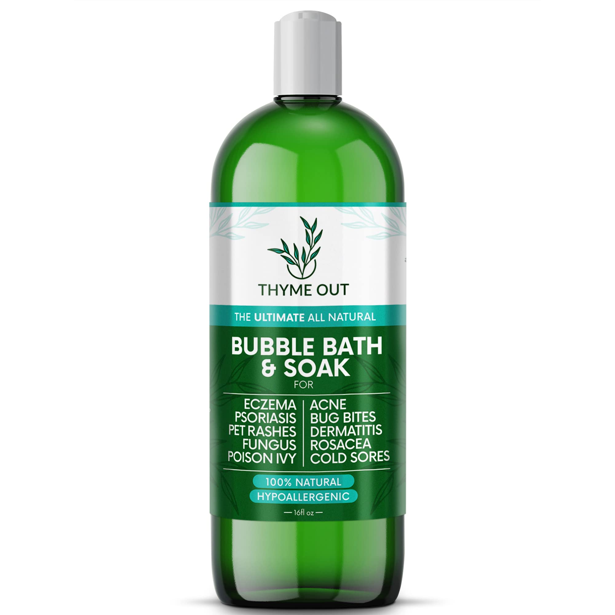 Thyme Out bubble bath bottle creates rich foam for a relaxing spa-like soak.