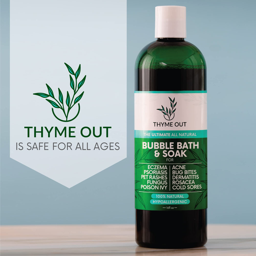 Thyme Out colloidal oatmeal label spotlights skin-softening, soothing ingredients.