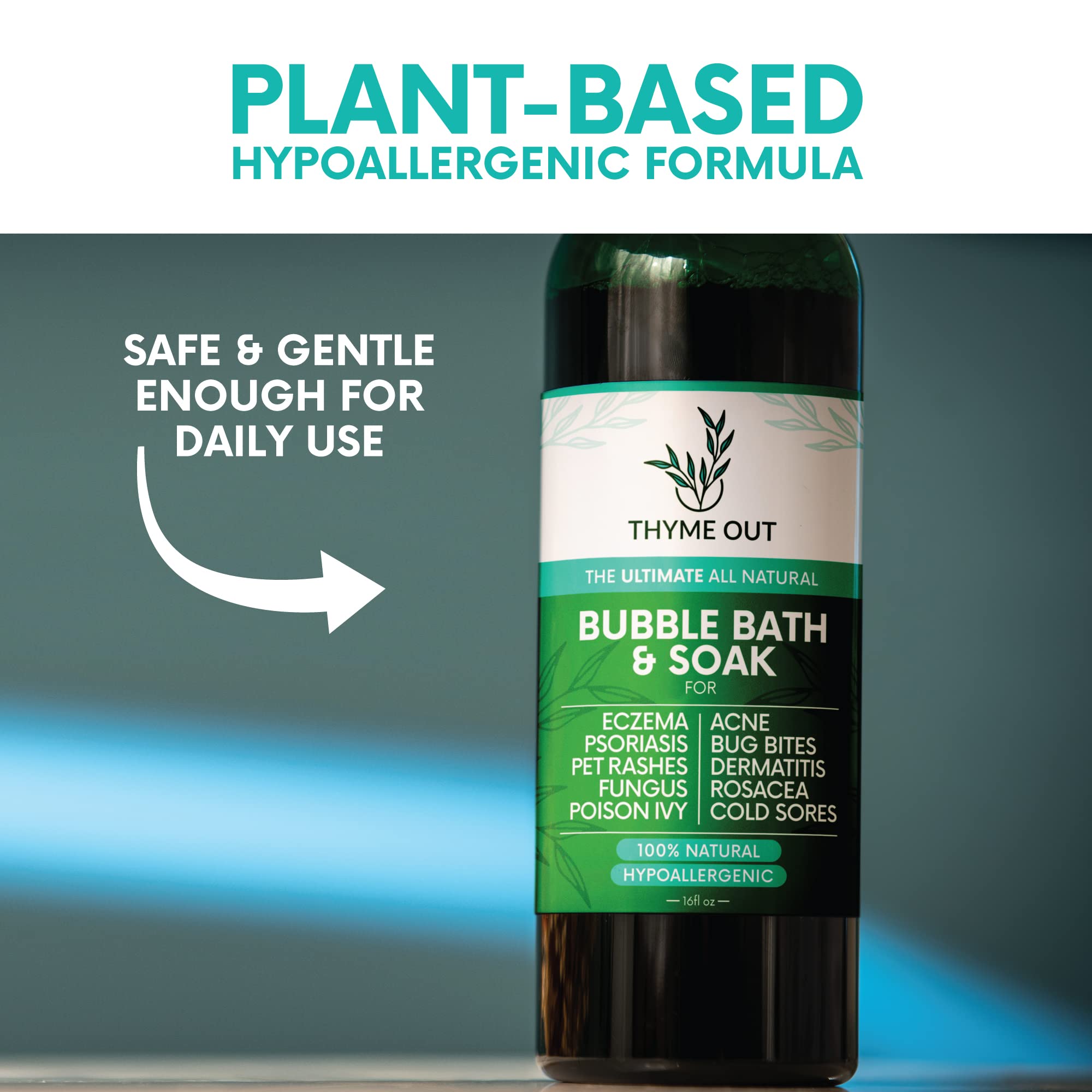 Thyme Out spa-like soak scene evokes calming aromatherapy and skin nourishment.