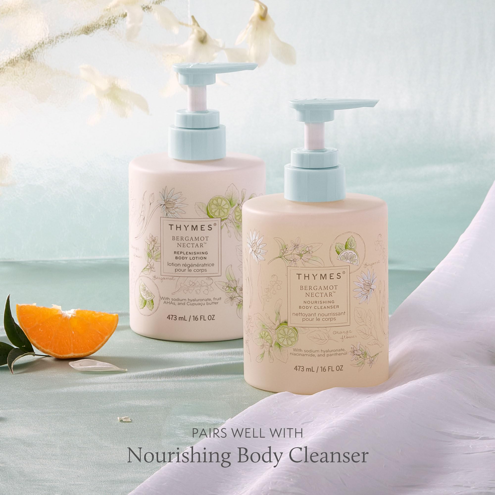 Thymes Bergamot Nectar cupuaçu butter highlight signals rich moisturization.