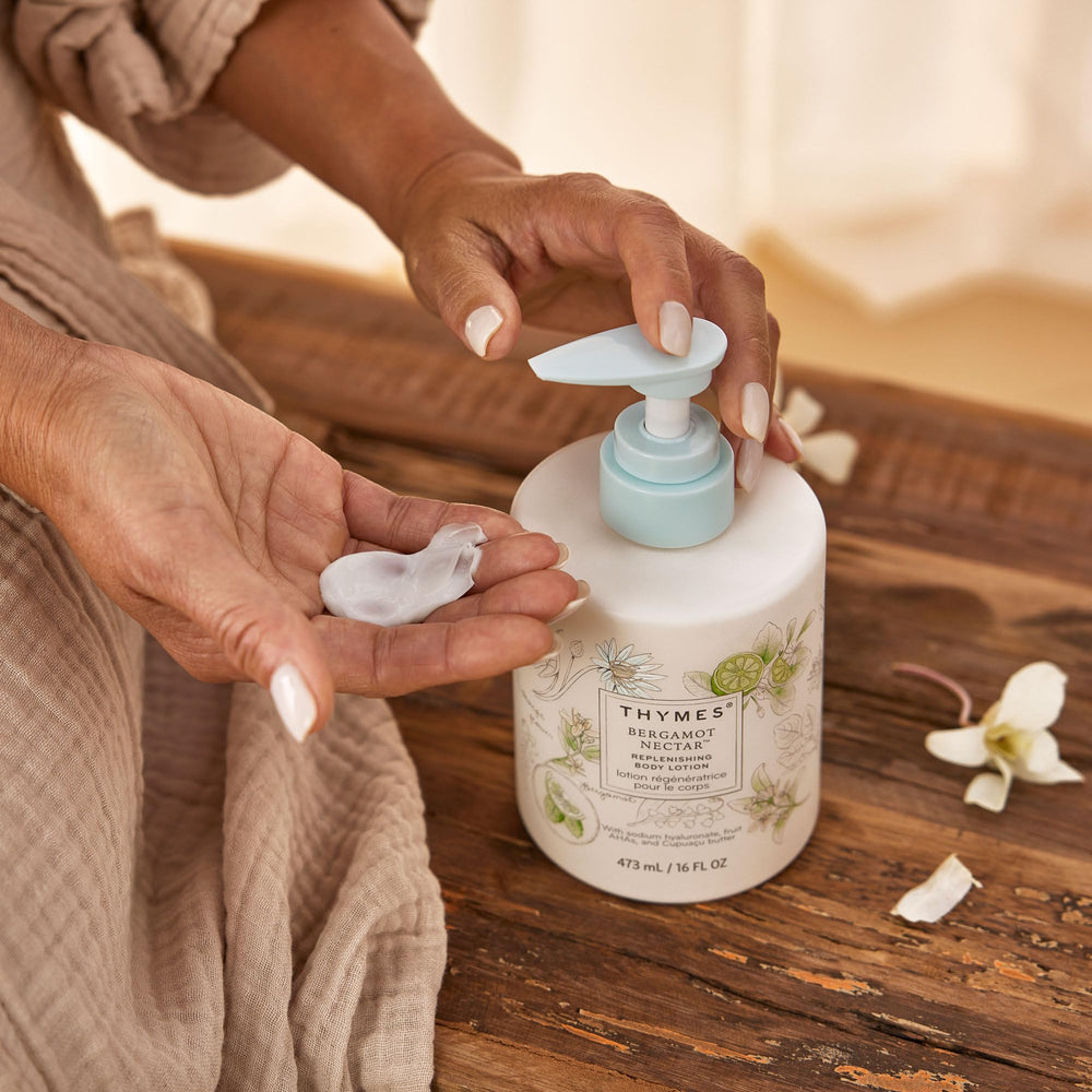 Thymes Bergamot Nectar sodium hyaluronate highlight signals skin hydration support.