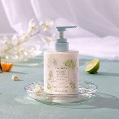 Thymes Bergamot Nectar lotion pump closeup for easy, even application.