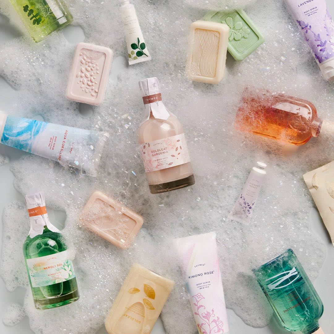 Thymes packaging featuring artisan botanicals and elegant design.