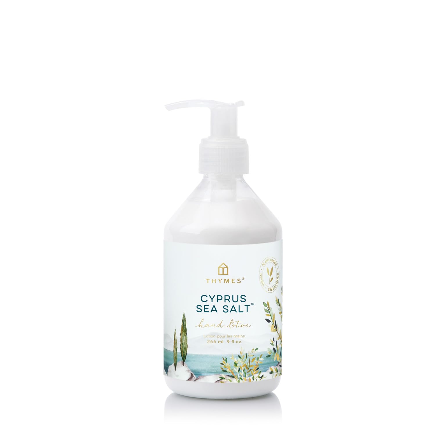 Thymes Cyprus Sea Salt hand lotion pump bottle offering deeply hydrating moisture.