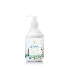 Thymes Cyprus Sea Salt hand lotion pump bottle offering deeply hydrating moisture.
