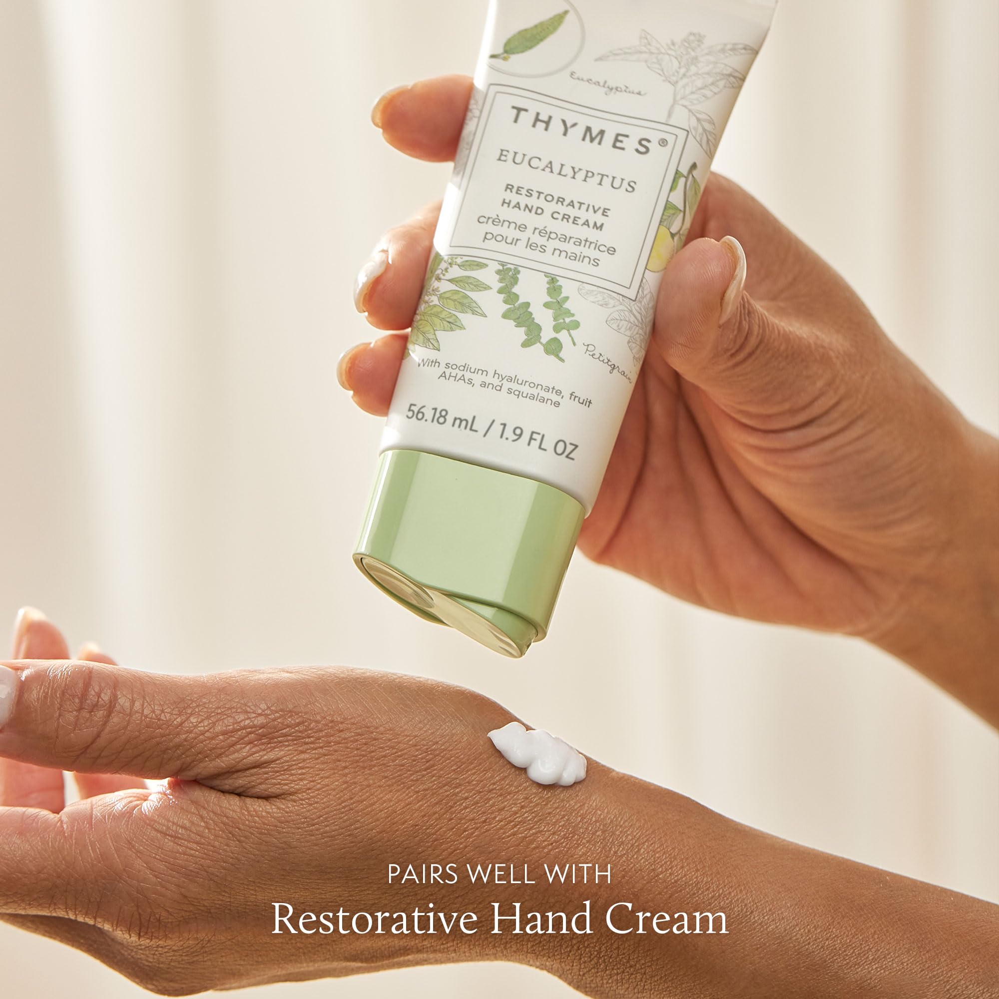 Thymes packaging and elegant Eucalyptus collection tie-in for premium presentation.