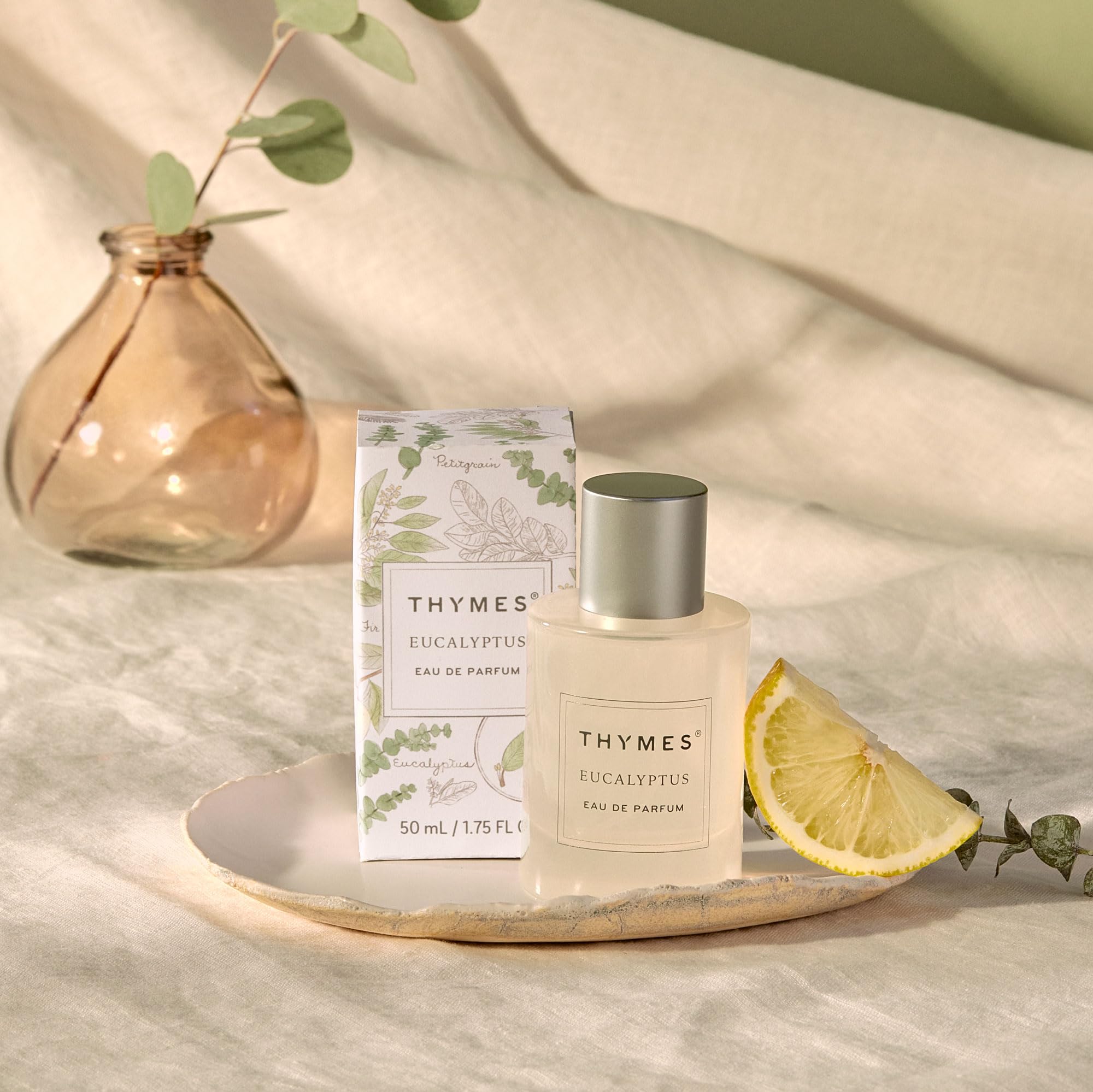 Thymes eucalyptus oil leaves close-up highlighting refreshing spa-like top notes.