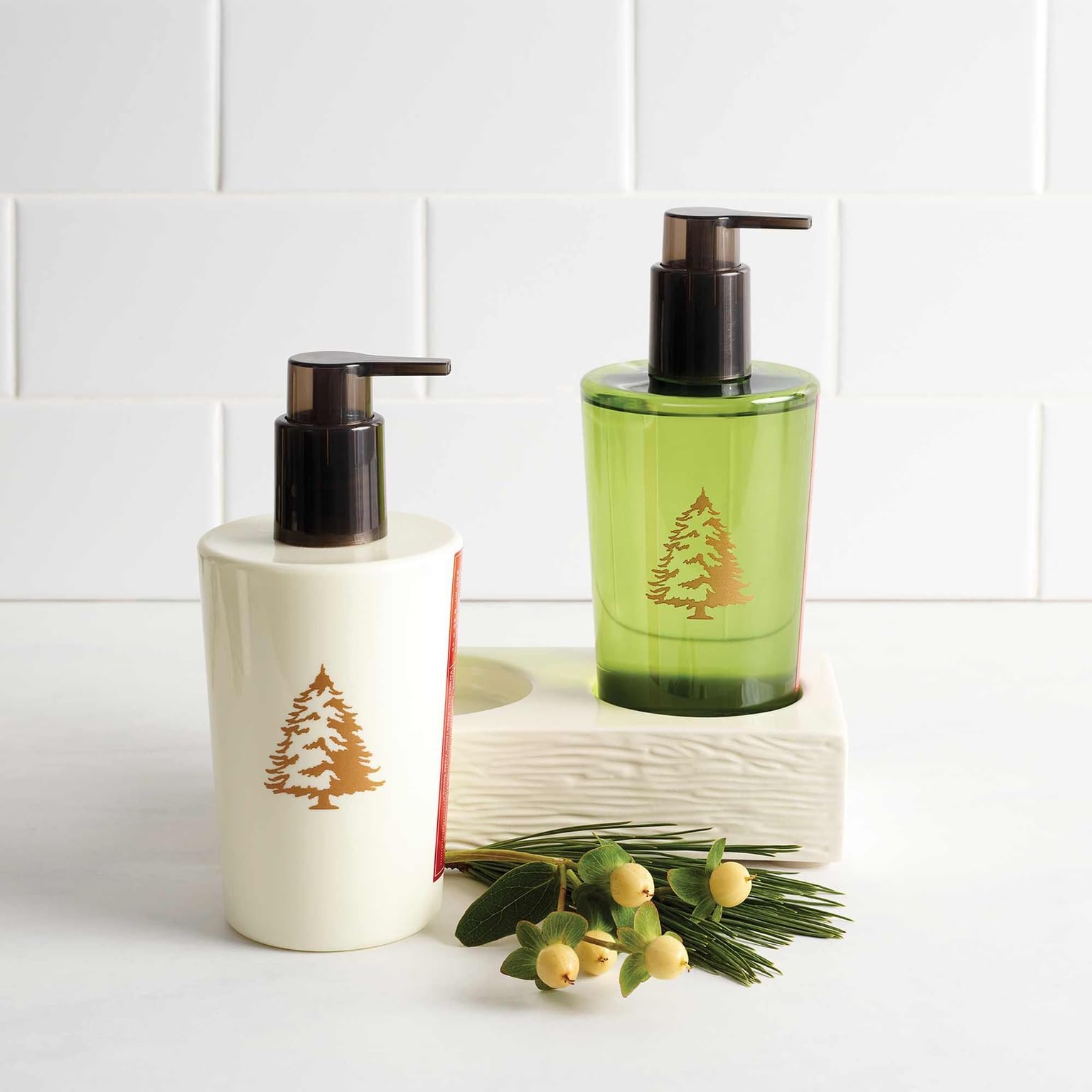 Thymes Frasier Fir hand lotion wood texture close-up evoking natural botanicals.