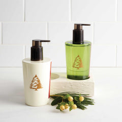 Thymes Frasier Fir hand lotion wood texture close-up evoking natural botanicals.