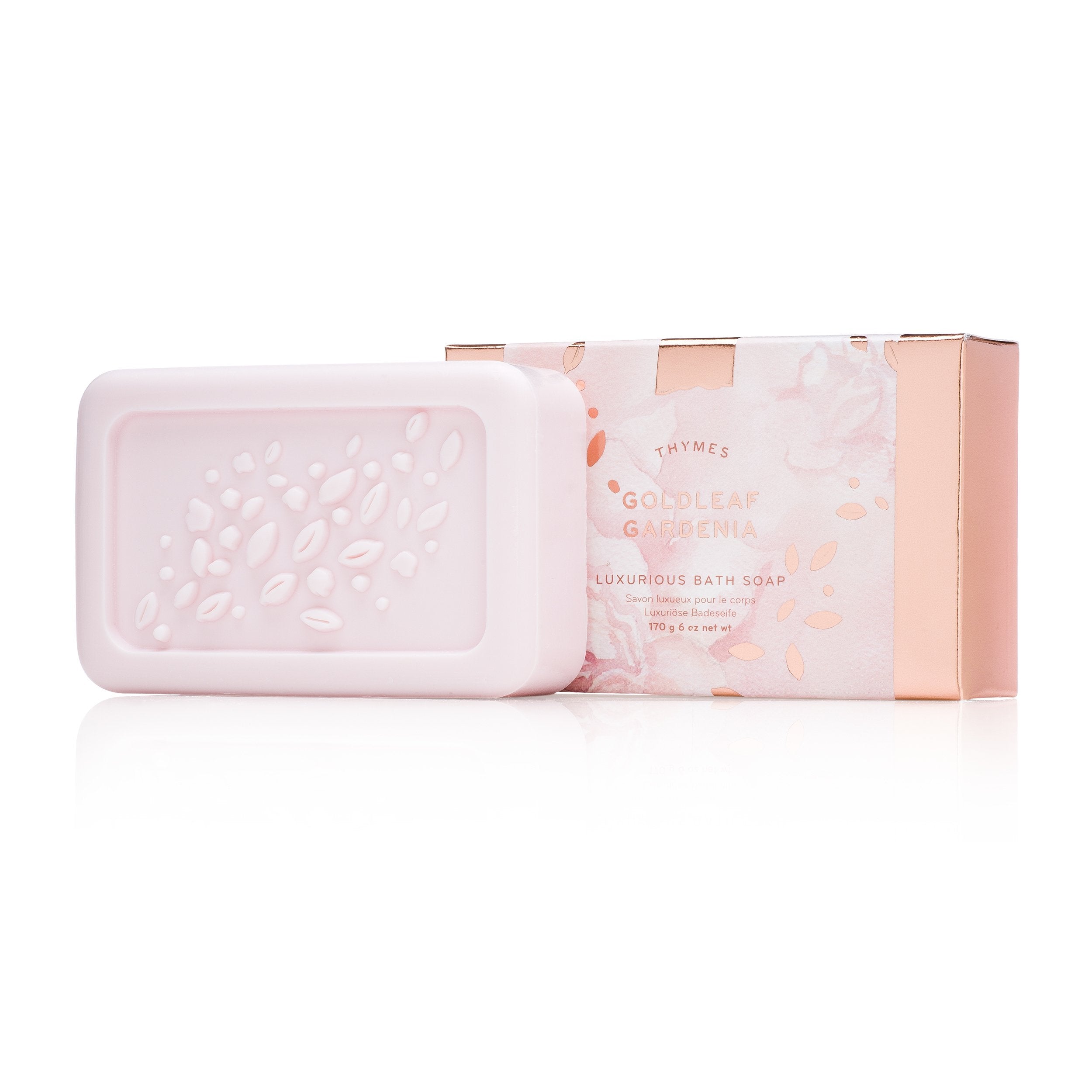 Thymes Goldleaf Gardenia bath soap closeup reveals creamy, hydrating lather for everyday skincare.