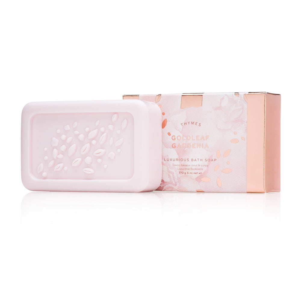 Thymes Goldleaf Gardenia bath soap closeup reveals creamy, hydrating lather for everyday skincare.