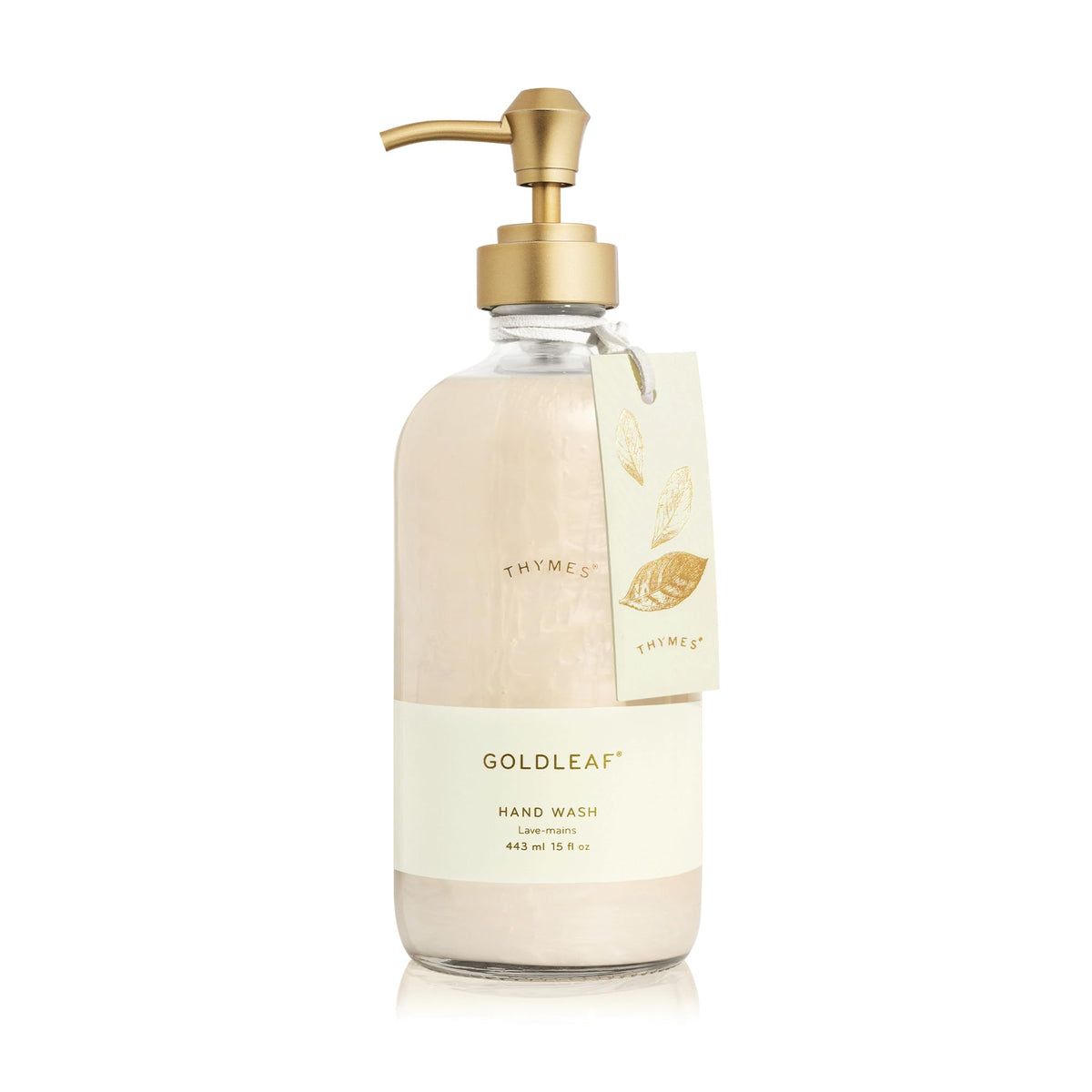Thymes Goldleaf hand wash bottle adds a refined touch to your sink and skin.