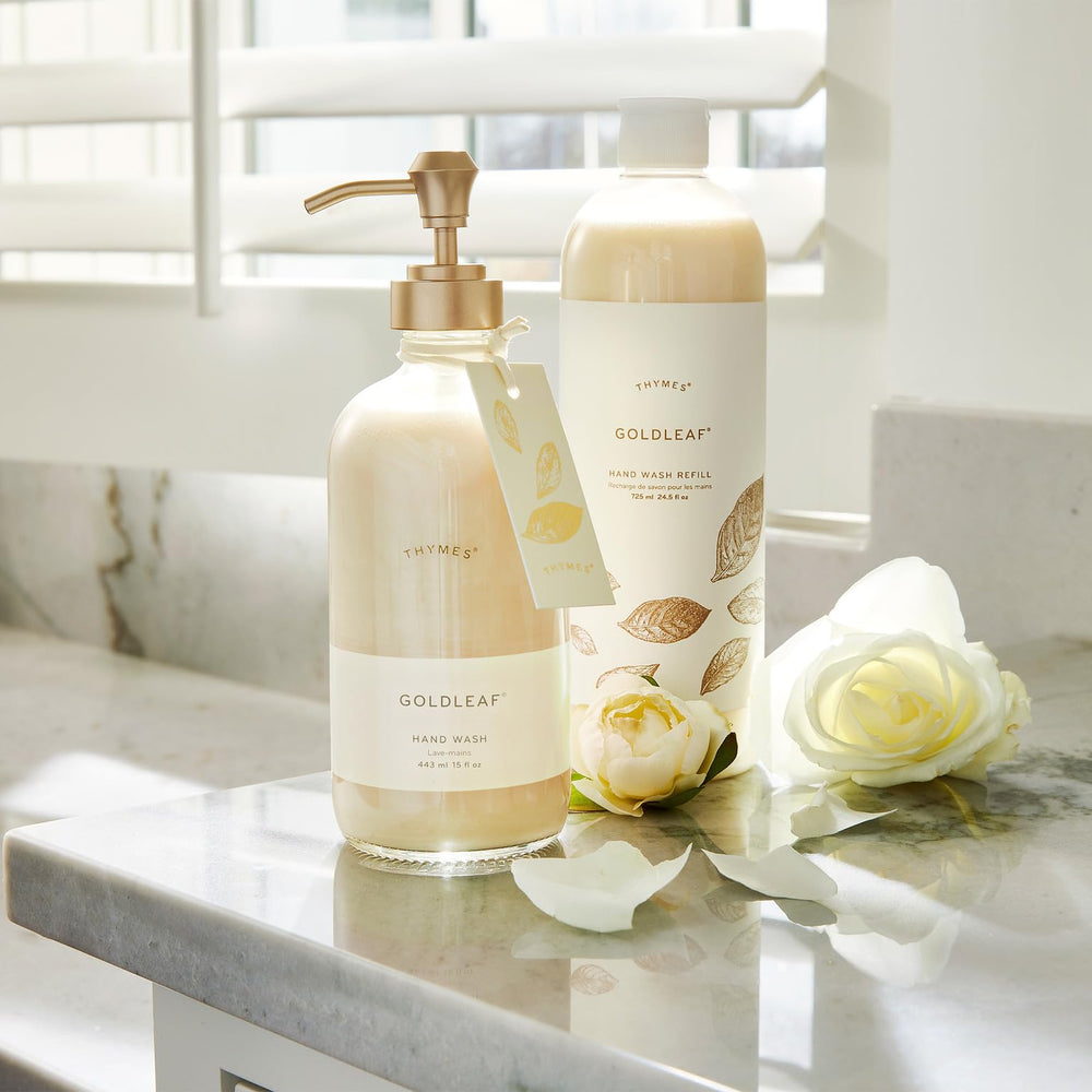 Thymes Goldleaf liquid texture delivers a rich, cleansing lather.