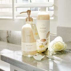 Thymes Goldleaf liquid texture delivers a rich, cleansing lather.