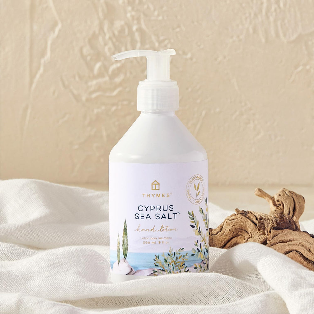 Thymes hand lotion demonstrates non-greasy, quick-absorb application.