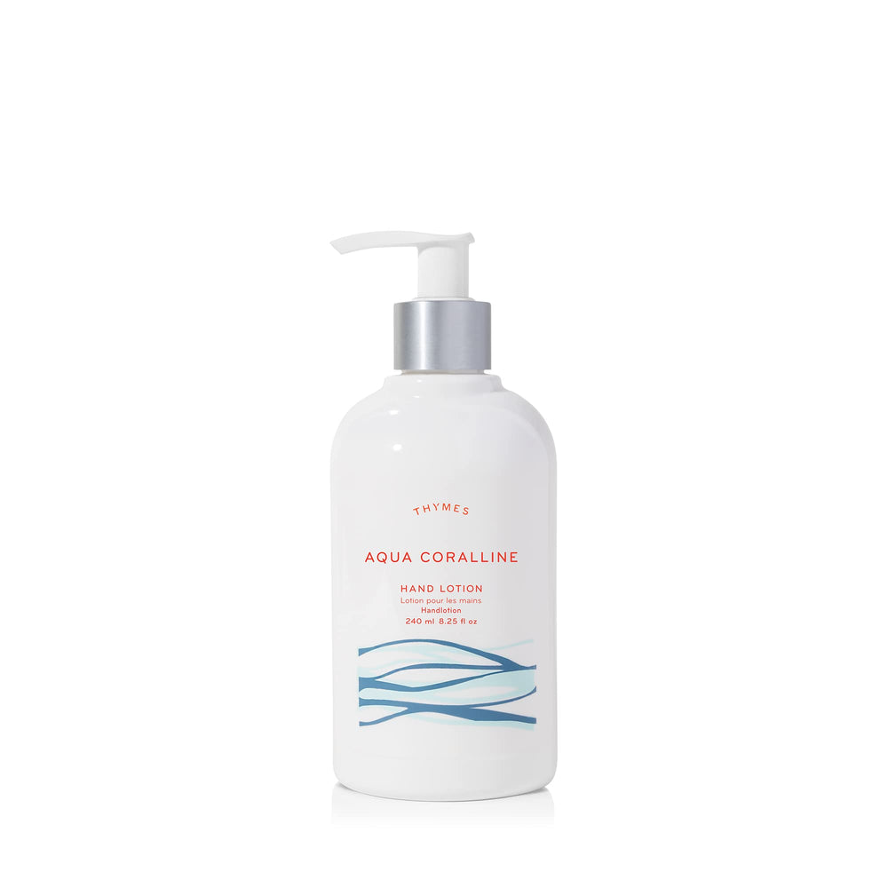 Thymes Aqua Coralline hand lotion front view showing non-greasy hydration
