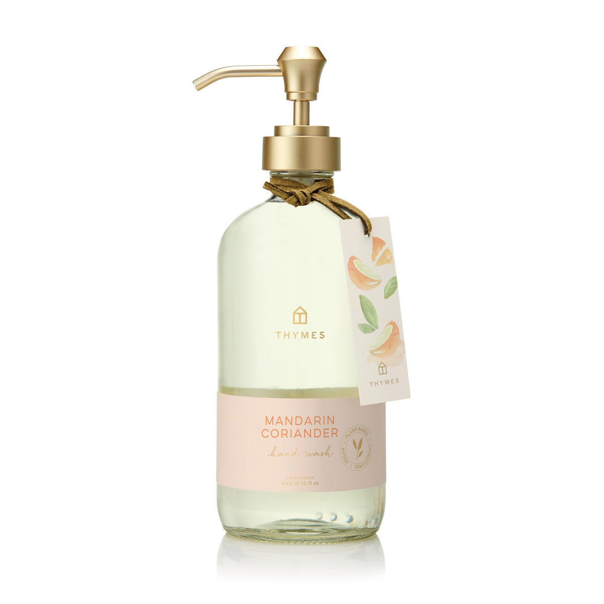 Thymes Hand Wash Mandarin Coriander bottle pours for refreshing cleansing.
