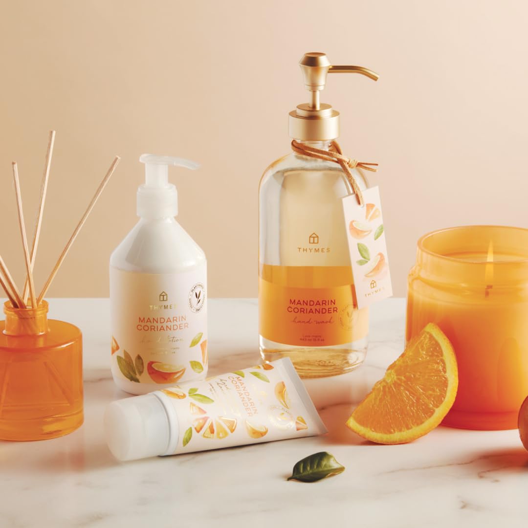 Thymes Hand Wash Mandarin Coriander eco-friendly formula shown in product shot.