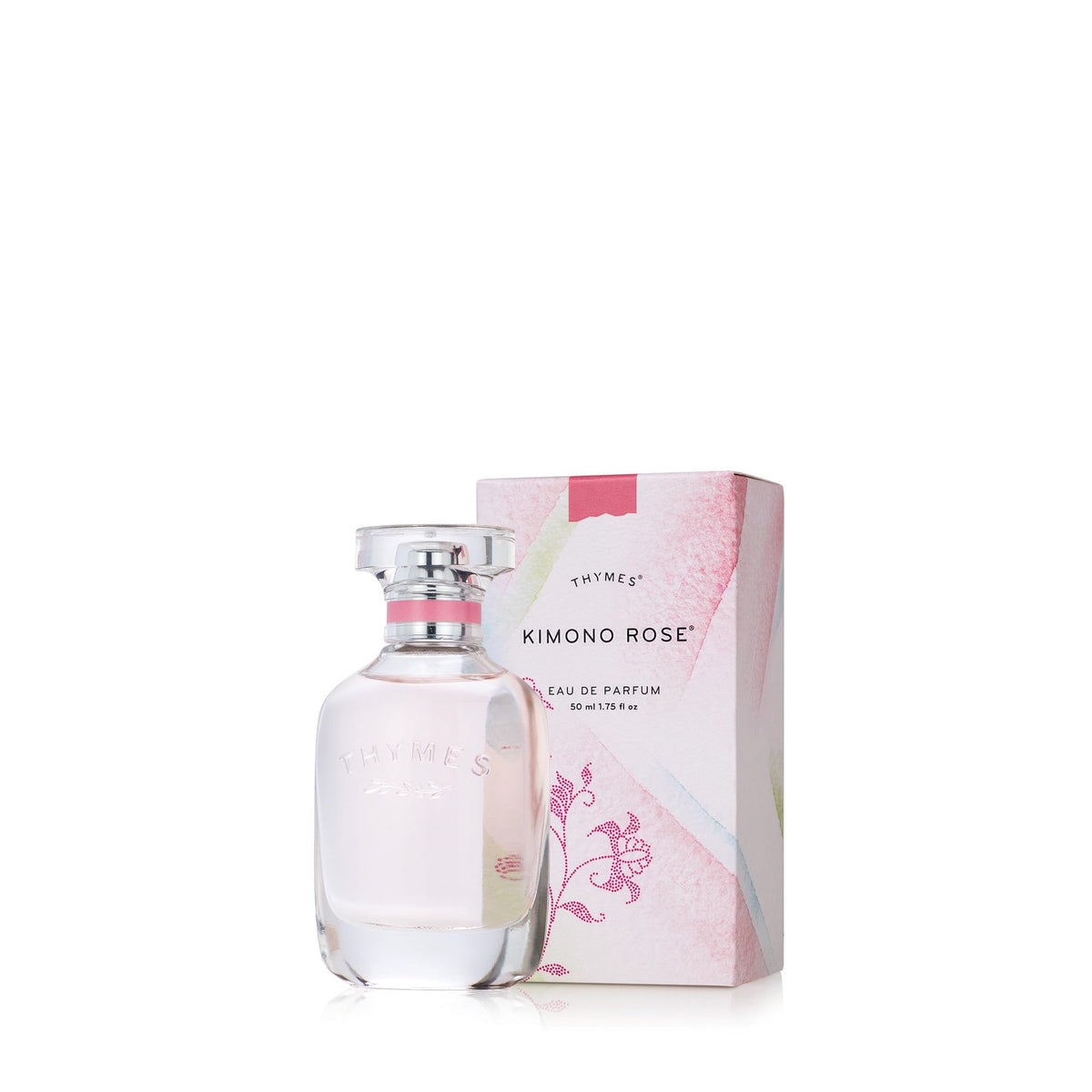 Thymes Kimono Rose perfume bottle highlights a floral scent for daily wear.