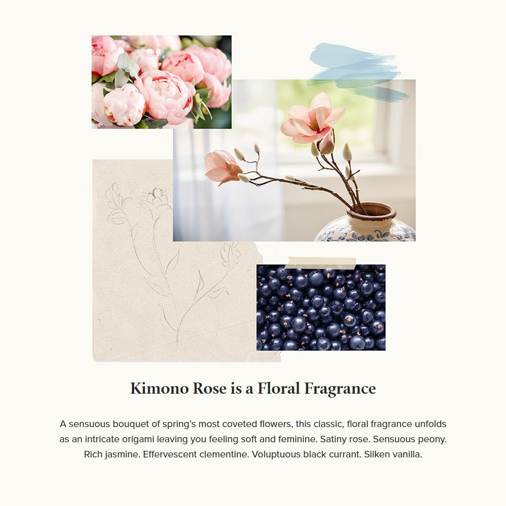 Kimono Rose notes bloom with rose, peony, and jasmine for romantic allure.