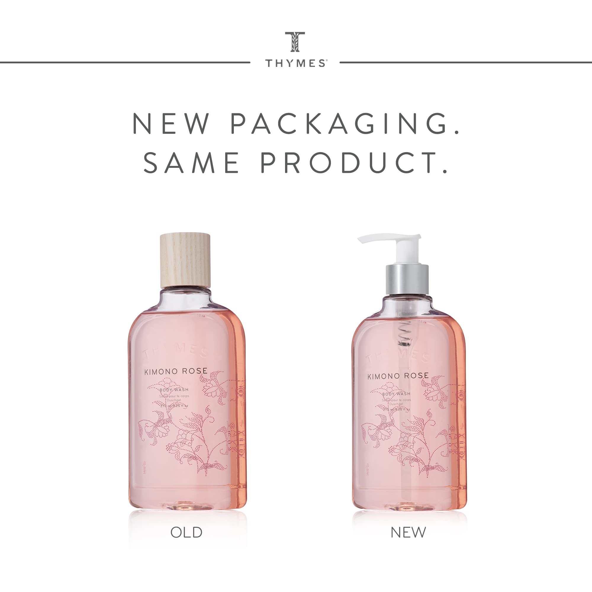Thymes Kimono Rose hydrating formula with glycerin, jojoba oil, honey nourishes skin.
