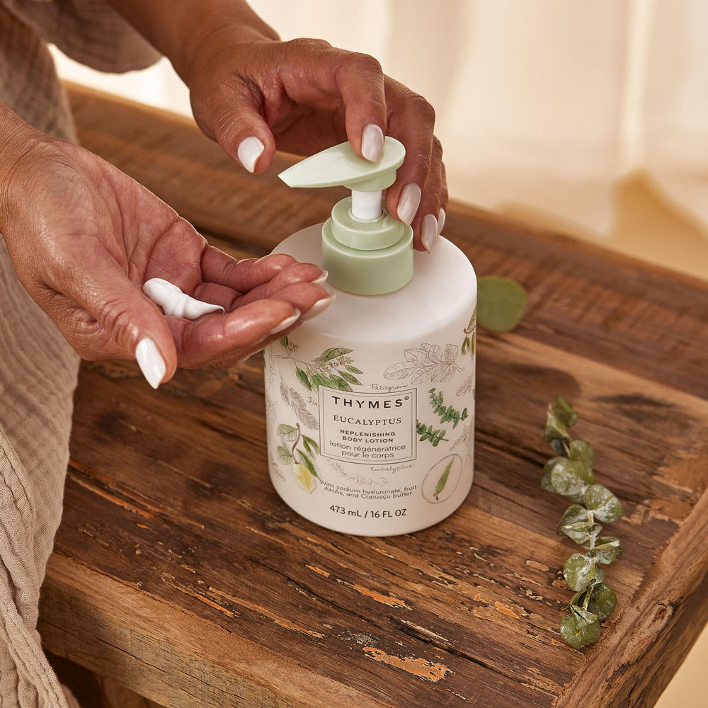 Thymes Large Replenishing Body Lotion fragrance notes highlighting eucalyptus and lemon scent