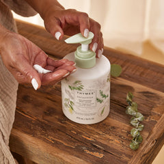 Thymes Large Replenishing Body Lotion fragrance notes highlighting eucalyptus and lemon scent