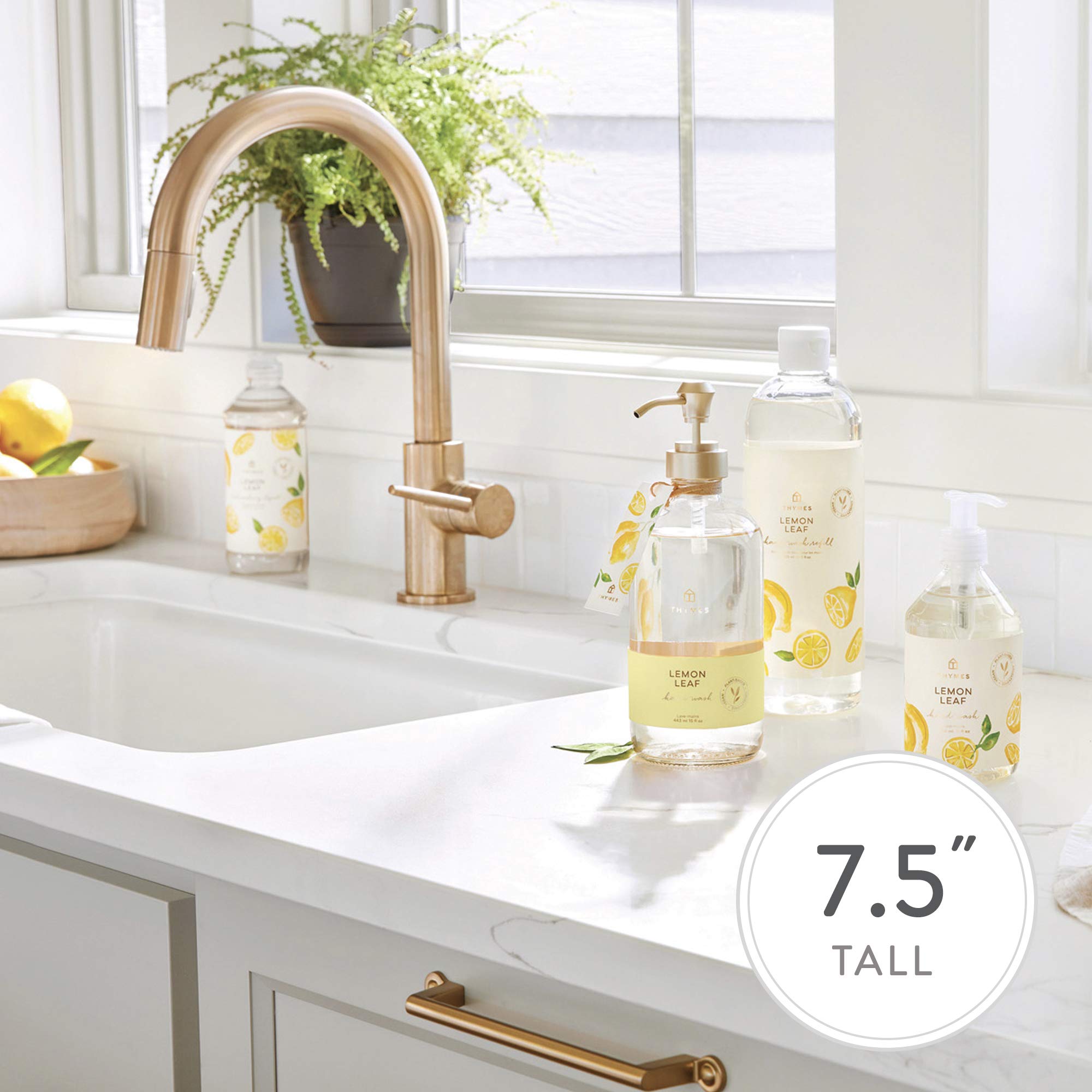 Thymes Lemon Leaf Hand Wash pump in bathroom setting with clean, hydrated hands